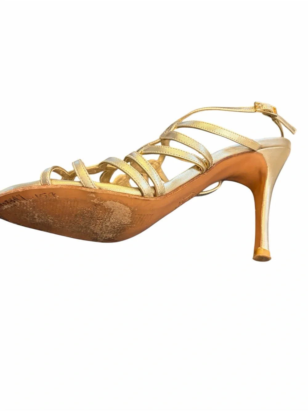 Stuart Weitzman Metallic Gold Multi-Strap stiletto Sandals with ankle wrap